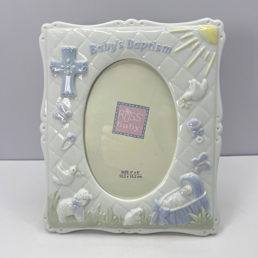 Russ Baby Baptism Photo Frame 4x6 Ceramic Blue and White Christening Shower Gift